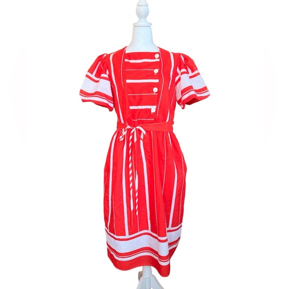 Vintage Dresses & Skirts - Vintage Red and White Puff Sleeve Midi Dress, Sailor Buttons